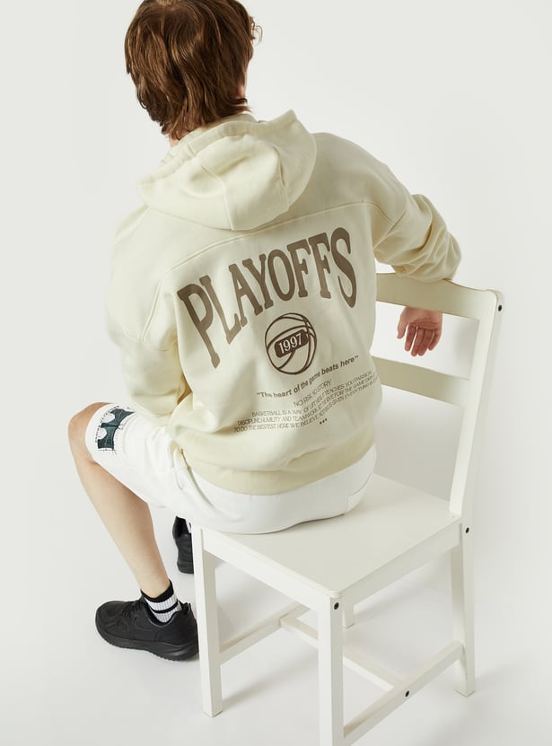 Men Back Print Hooded Athleisure Sweatshirt Beige