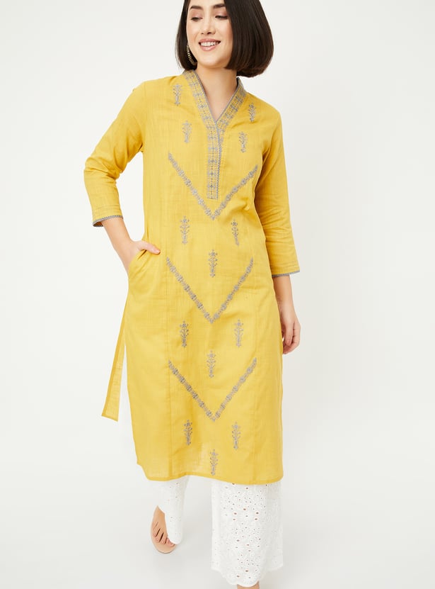Women Embroidered Straight YELLOW Kurta